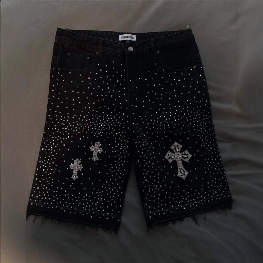 2026 New Design Retro Crystal Patchwork Denim Shorts - Hip-hop Street Style - Suitable For Both Men And Women - Black Loose Straight Luxury Men's