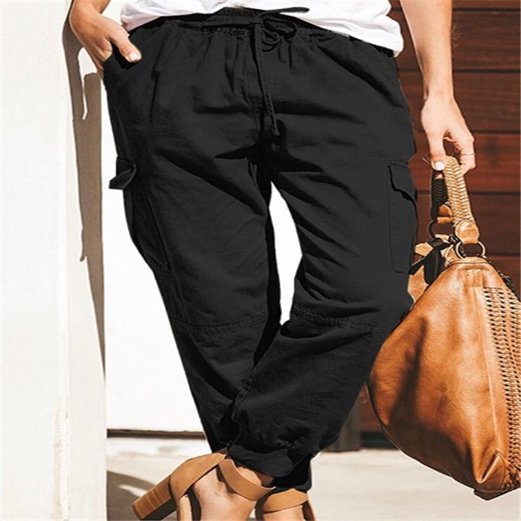 2024 Womens Solid Color Casual Fashion Pocket Drawstring Cargo Pants High Waist Womens Pants251022