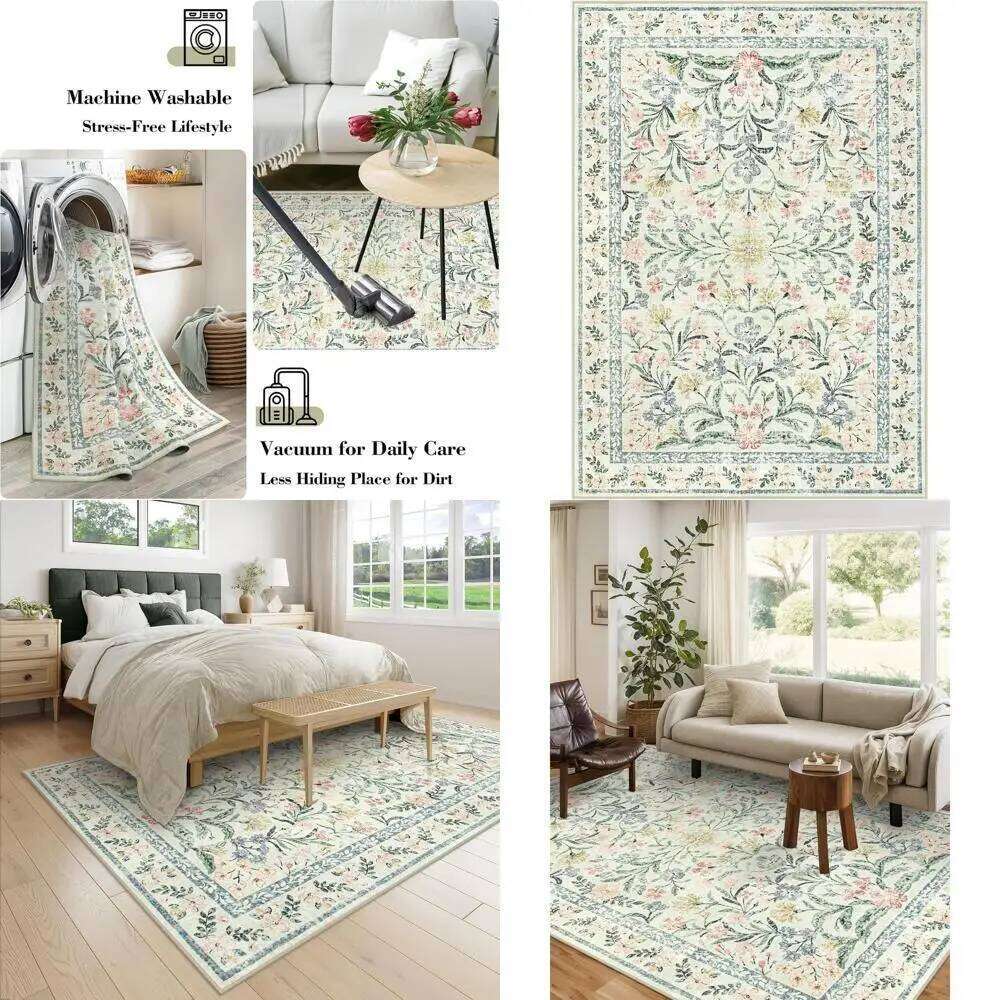 5x7 Washable Floral Area Rug, Soft Boho Style Carpet for Bedroom, Non-Slip Beige Living Room Mat W260226