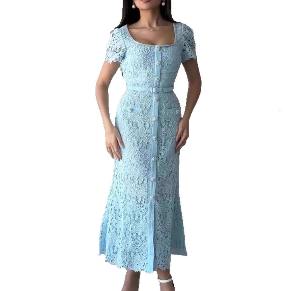 2026 Designer Fashion Brand Lightweight Luxury Women's Elegant Square Collar Lace Waist Slimming Long Skirt