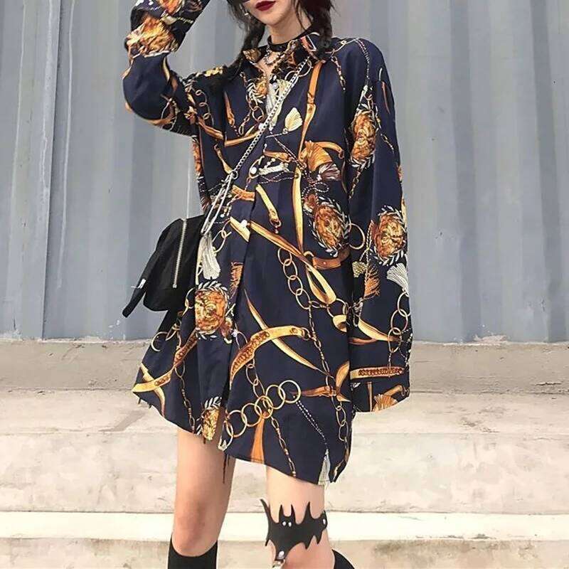 New Spring And Summer Loose Fitting Casual Fashion Trend Lapel Print Vintage Hong Kong Style Versatile Mid Length Shirt