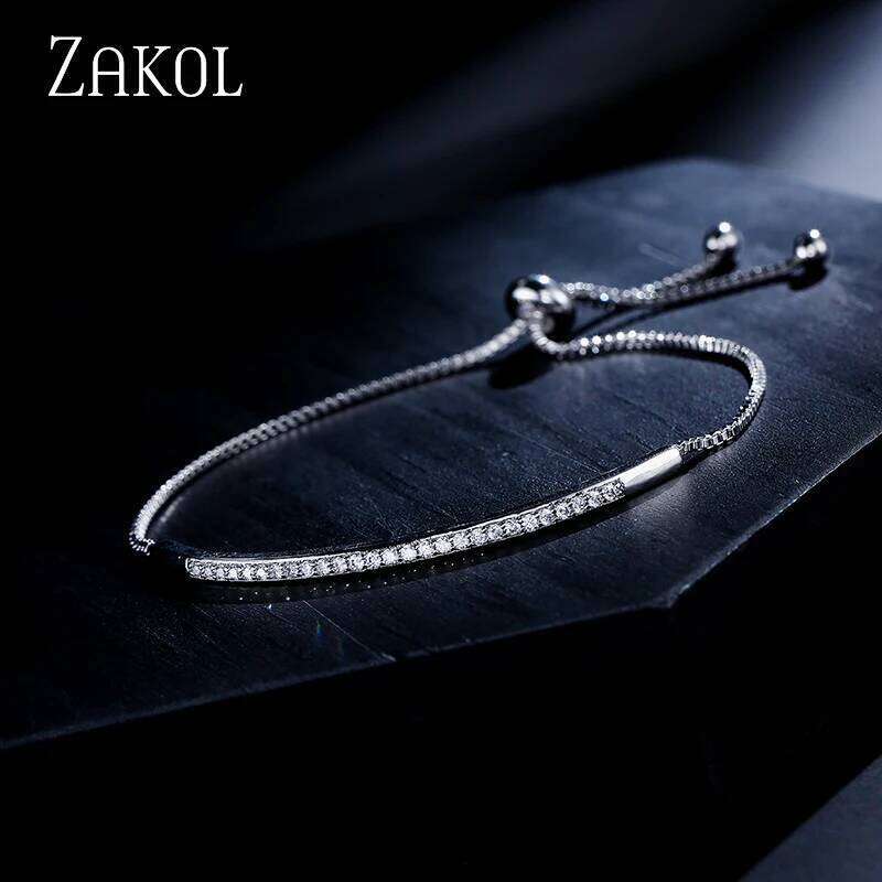 ZAKOL Simple Round Crystal Zirconia Adjustable Chain Bracelet White Gold Color Fashion Jewelry Birthday Gifts for Women Z260225