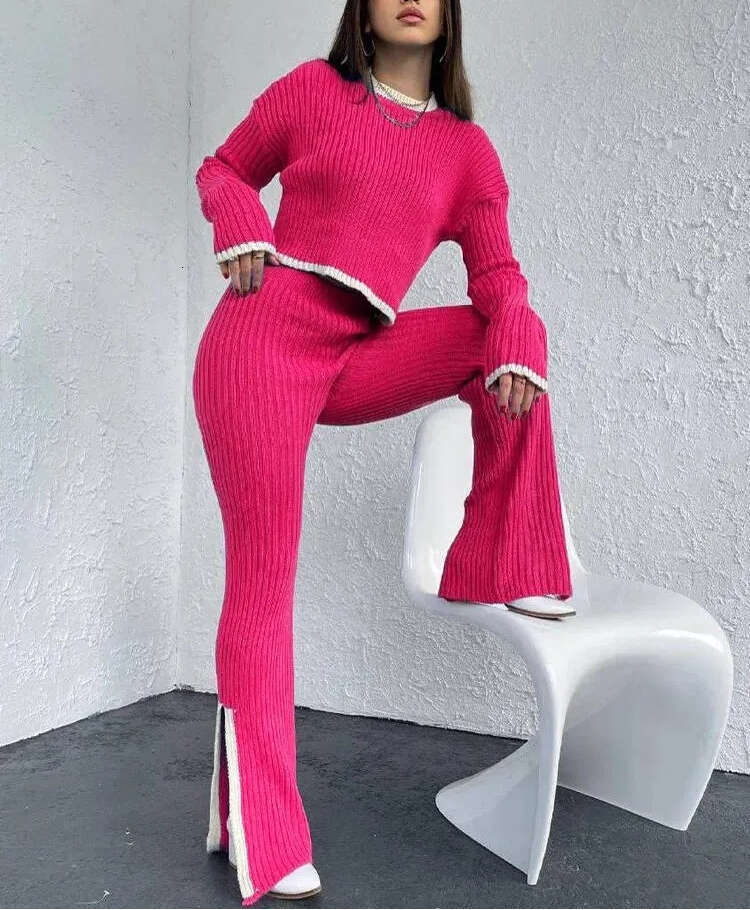 Women's two-piece long pants sports suit pullover wide leg set 2026 autumn casual elegant street wear color blocked knitting