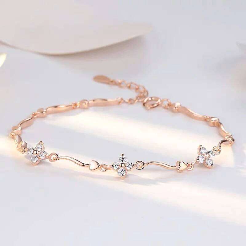 ANENJERY Sparkling Zircon Four Leaf Flower Chain Bracelet Light Luxury Design for Women Niche Simple Desgin Party Jewelry Gifts Z260225