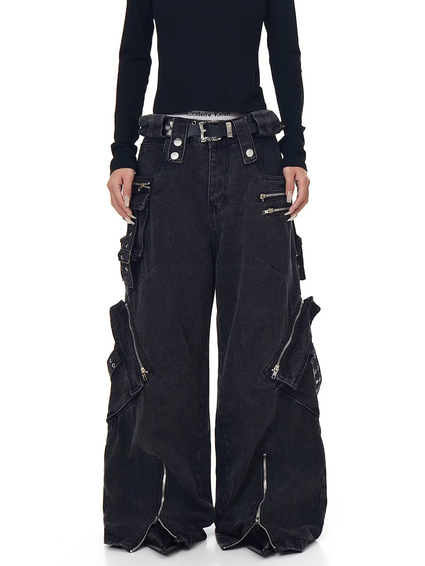 American vibe pants trendy high street brand black lace-up jeans for women straight slim-fit zippered cargo pants for spring240806