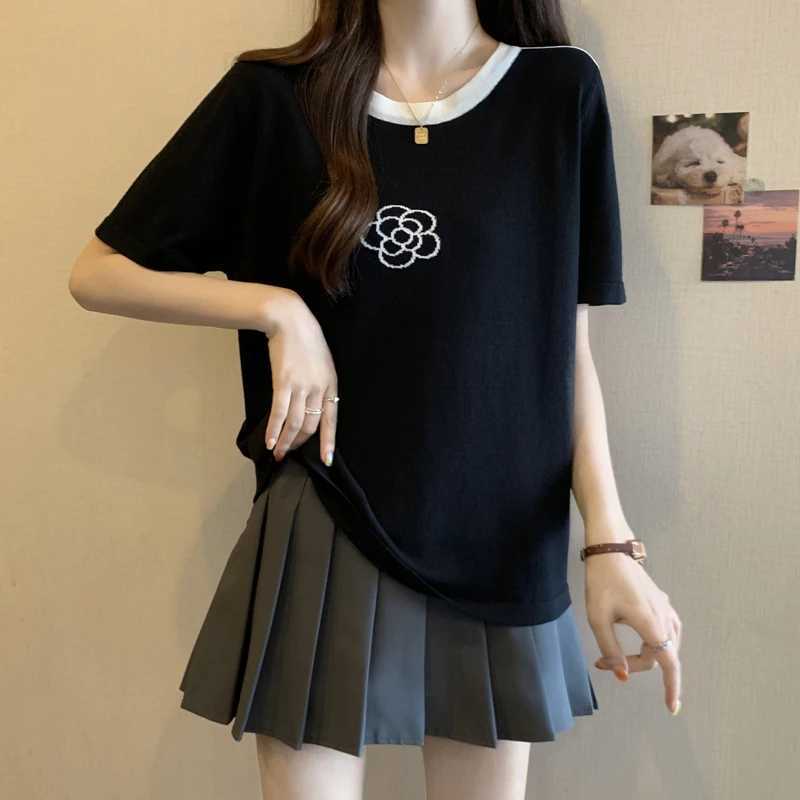 2025 Summer Women's Knit Top, Hollow Out Flower Short Sleeve Sweater TeeT260226