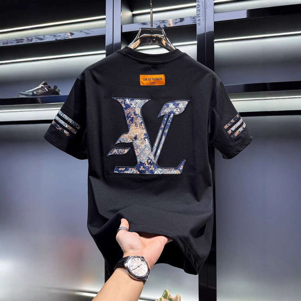 European Men's High-End Embroidered Round-Neck Short-Sleeve T-Shirt, New Trendy Brand Summer Fashion American Style Half-Sleeve