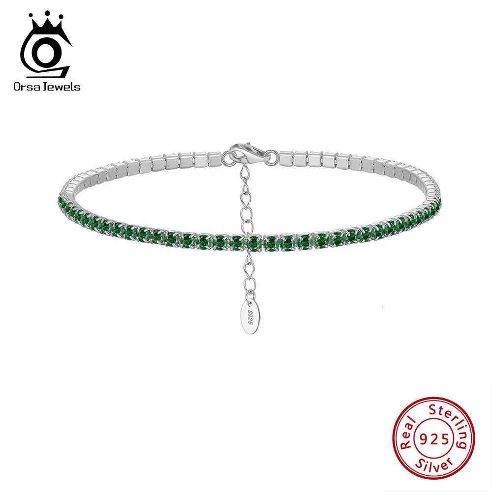 ORSA JEWELS Luxury 925 Sterling Silver Green 4A CZ for Women Adjustable 2mm Zircon Tennis Bracelet Jewelry SB191 Z260225