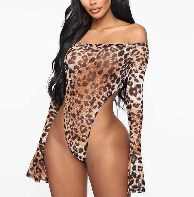 Leopard print women's thong leggings set long sleeved off shoulder elegant slim fit sexy streetwear club