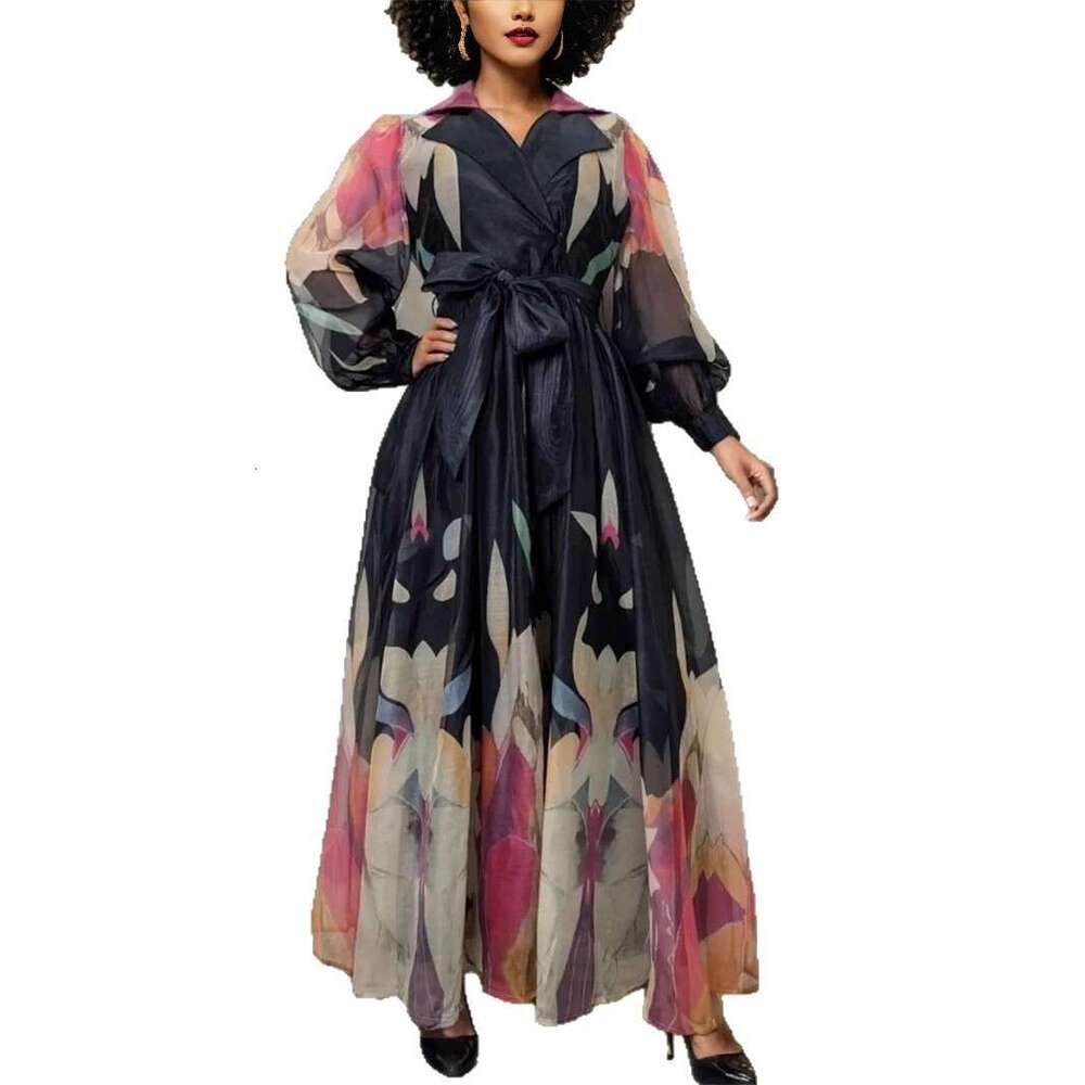 2026 autumn and winter European and American fashion goddess elegant loose flower tie waist casual suit collar long skirt