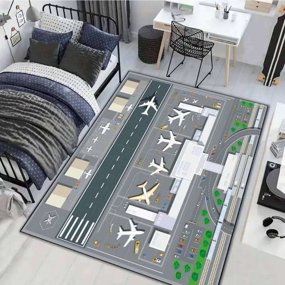 Airport Runway Carpet Rug Aeroplane Theme Home Decoration Non-slip Educational Kids Activity Play Mat with Terminal Design W260226