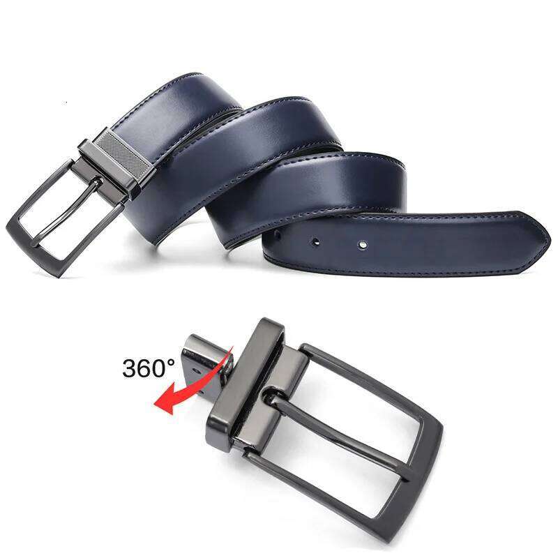 2025 Men Real Cowhide Belt 130cm Long Rotating Pin Buckle Business Casual All match Double sided Leather Luxury Navy Blue Style Y260225