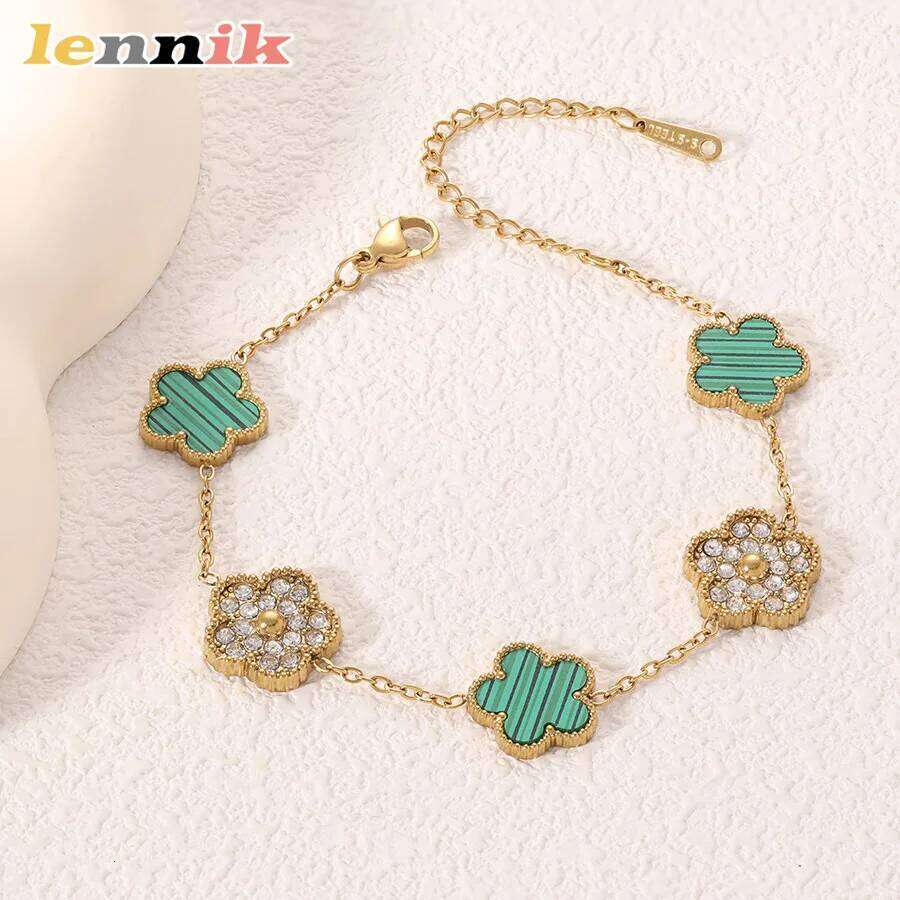 Five-Leaf Clover New Mother-of-Pearl, Sparkling Exquisite LENNIK Bracelet, 18K Plated Rhinestone Womens, Limited Offer Z260225