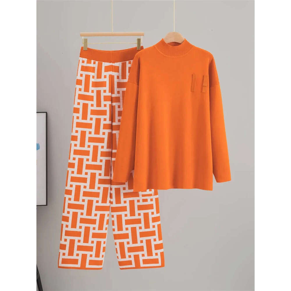 2026 Designer Women's Half High Collar Knitted Sweater Set, Casual Wide Leg Pants Two Piece Set