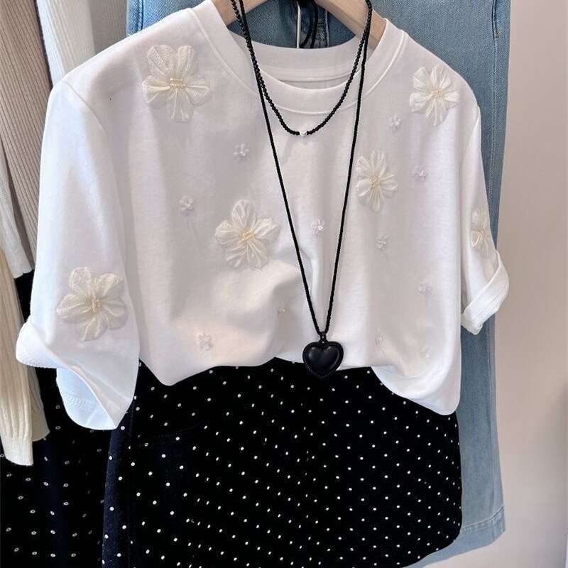 Fashion Sweet 3D Camellia Embroidery T-Shirts 2025 Summer New Tops Women Short Sleeve Loose Tee Shirt