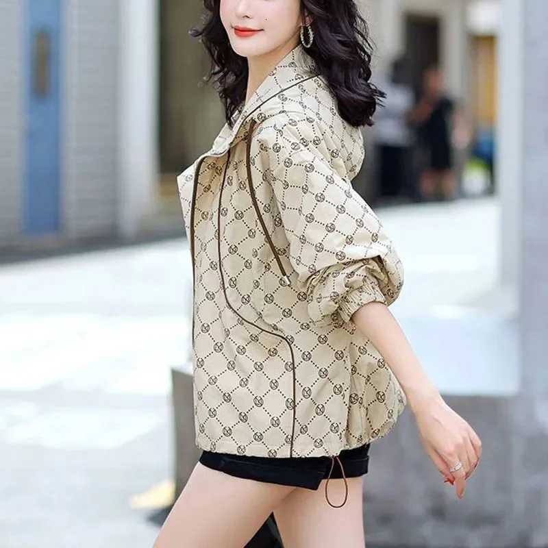 Women's Monogram Print Windbreaker, Oversized Hooded Drawstring Zipper Short OuterwearT260226