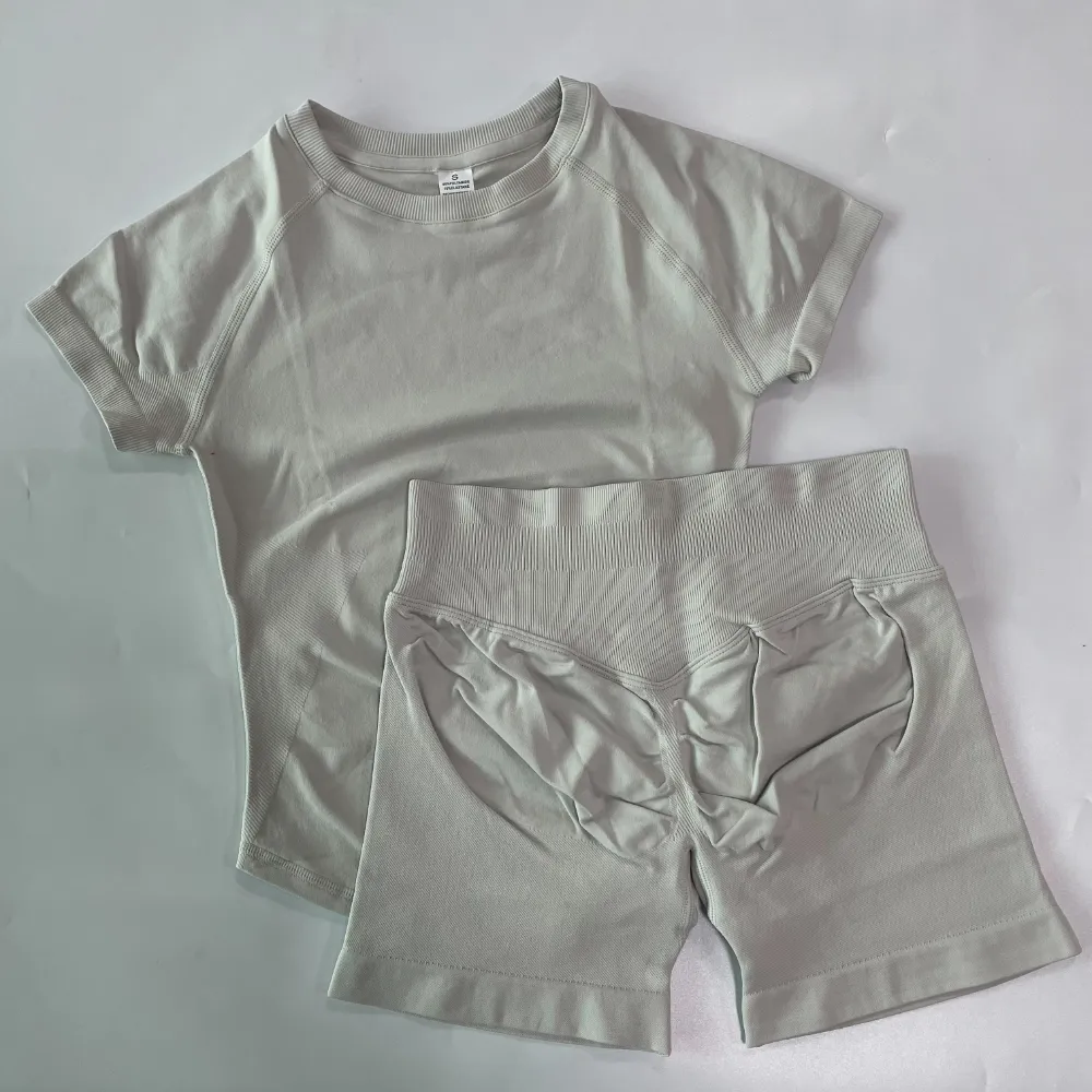 2 Pieces Women Yoga Sport Set Longline Short Sleeve Top Yoga Outfit T-shirt Crop Top Gym Clothes Seamless Design 4.5" Leg Length Low Ribbed Band 