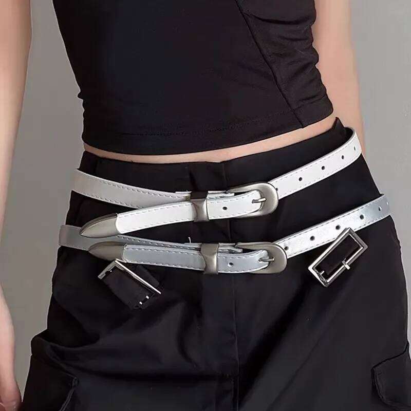 1pcs metal silver buckle thin for women 2025 new simple personality niche accessories American high street leather belt wit Y260225