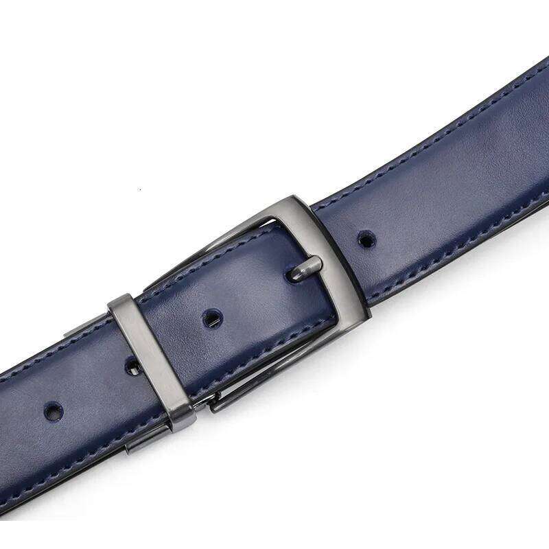 2025 Men Real Cowhide Belt 130cm Long Rotating Pin Buckle Business Casual All match Double sided Leather Luxury Navy Blue Style Y260225
