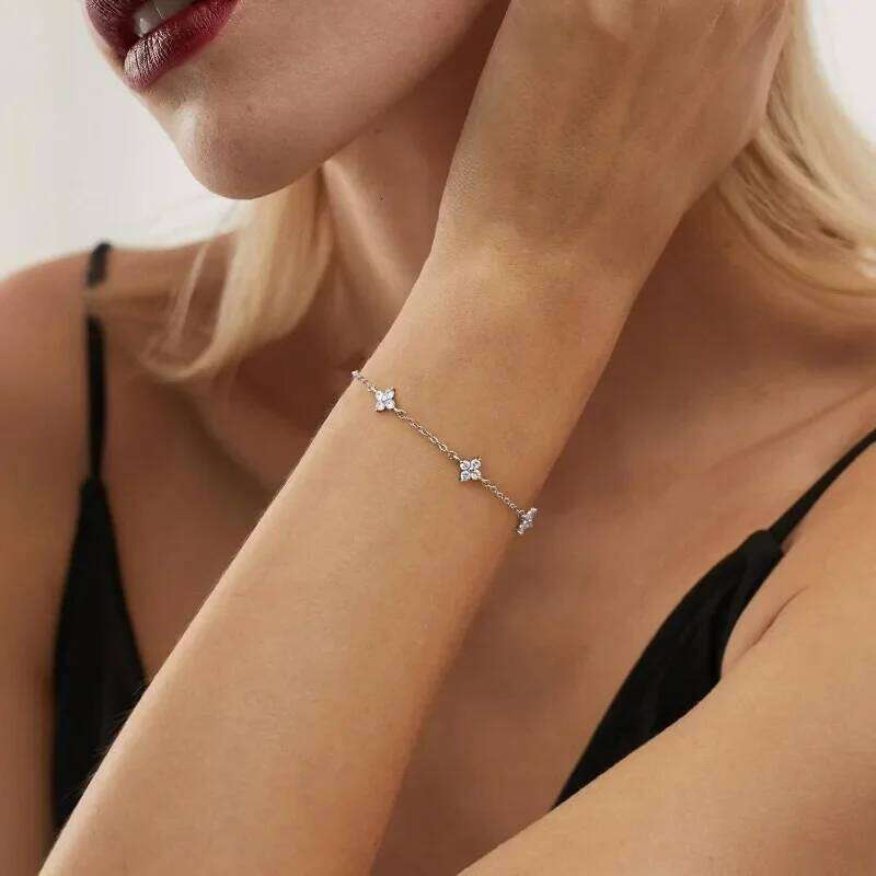 925 Silver Plated Cz Four-leaf for Women Shiny Zircon Flower Adjustable Link Chain Bracelet Cute Dainty Jewelry Z260225