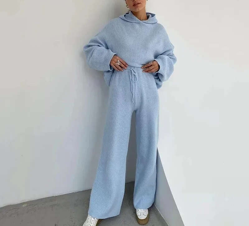 Women's Knitted Sports Set with Hoodie, Wide Leg Pants, Casual Home Sweater Two Piece Set 2026