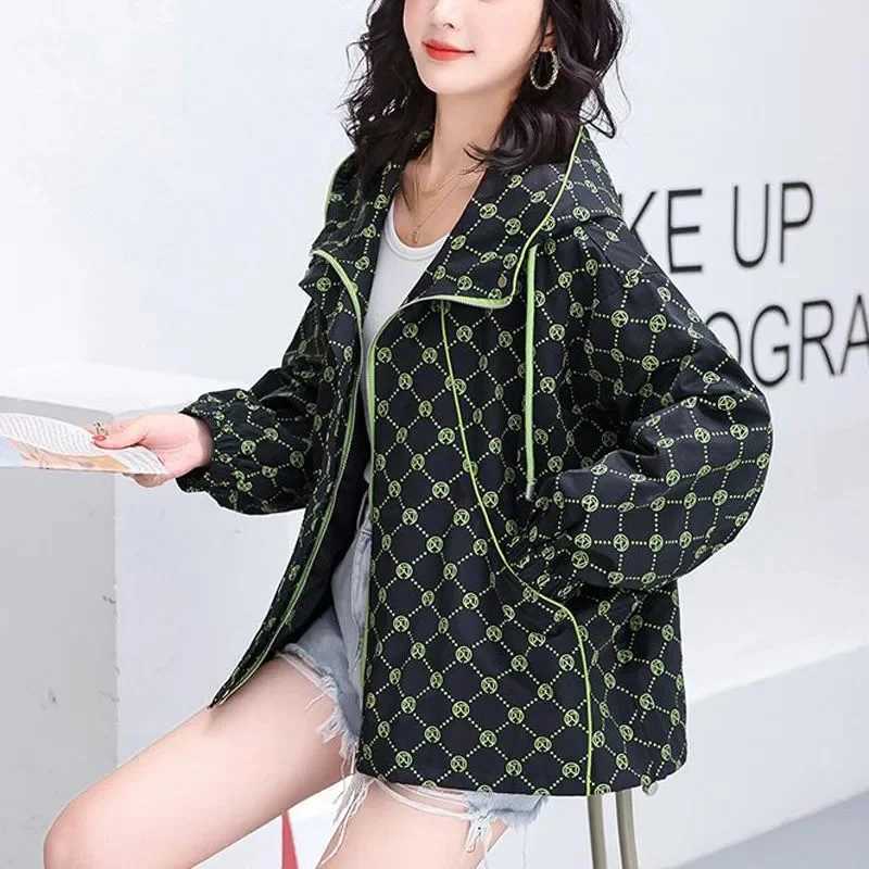 Women's Monogram Print Windbreaker, Oversized Hooded Drawstring Zipper Short OuterwearT260226