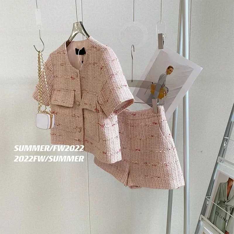 Pink Tweed 2 Piece Set for Women, Crop Jacket & Shorts Matching OutfitT260226
