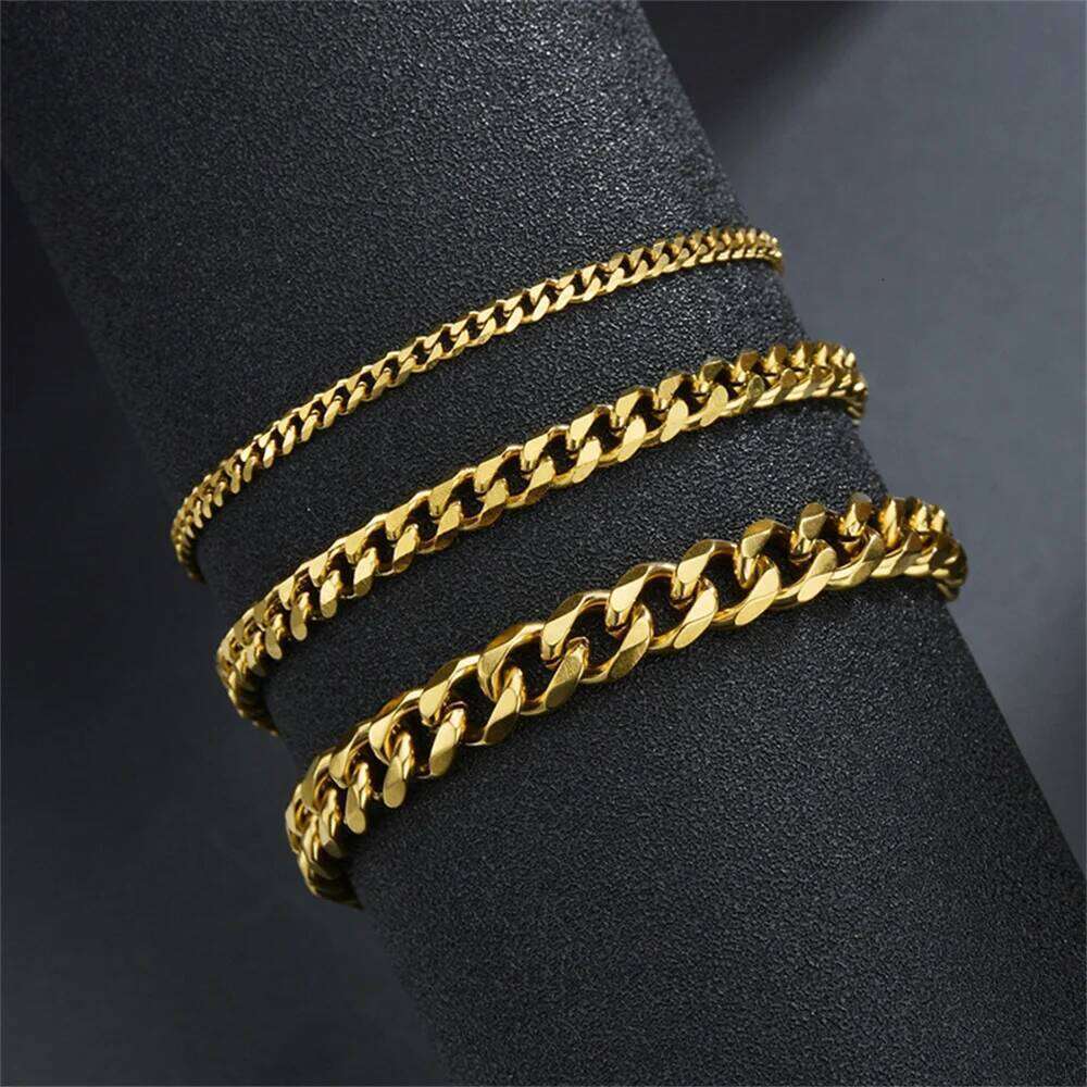 Hip Hop Cuban Chain For Women 3 5 7 mm Simple Stainless Steel Men Bracelet Gold Color Jewelry Z260225
