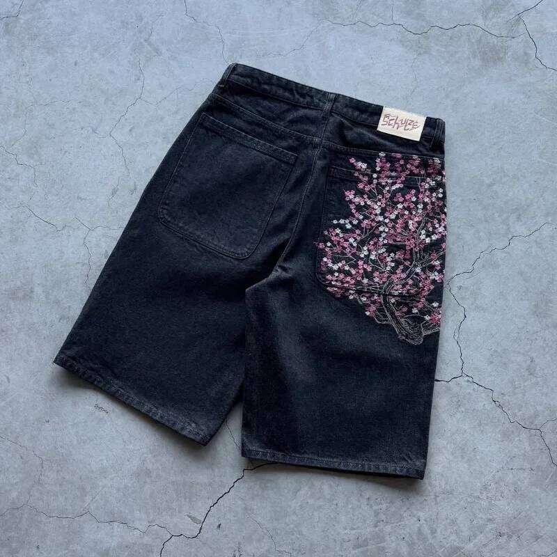 Y2K Harajuku vintage plum blossom embroidery Baggy Denim NEW American men women Casual Hip hop Shorts Streetwear H260226