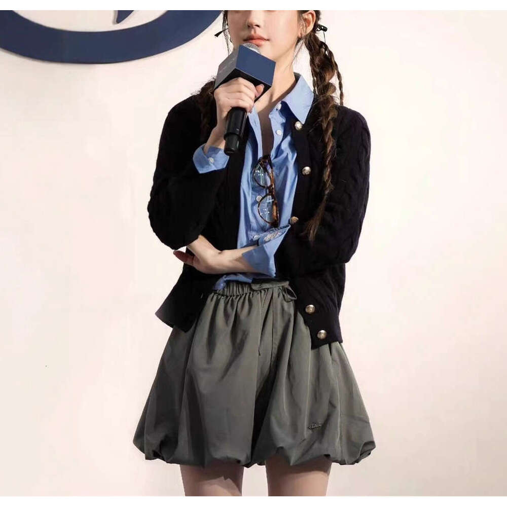 2026 Autumn/Winter Celebrity Versatile College Style Bear Knitted Cardigan Women's Blue Bottom Shirt