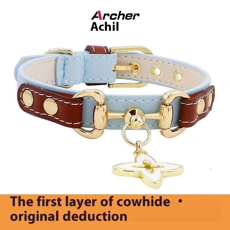 Achille Adjustable Leather Pet Teddy Cat with Metal Neck Collar Drawable Light Blue Contrast Buckle