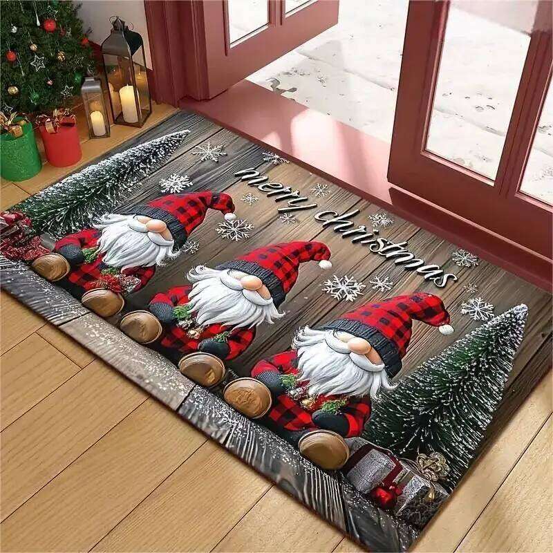 Christmas Gnome Carpet Red Black Plaid Rug "Merry Christmas" Snowflake Pine Branch Home Decoration Entryway Floor Mat W260226