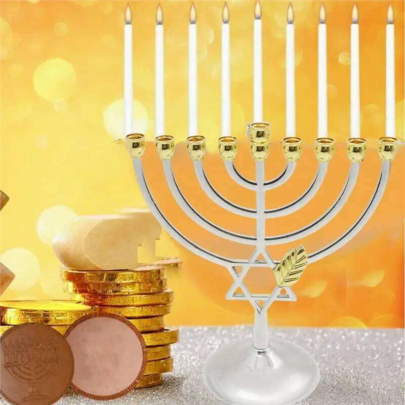 A96K-Traditional Jewish Menorah Candle Sticks Holder 9 Branch Jerusalem Temple Candles W260226
