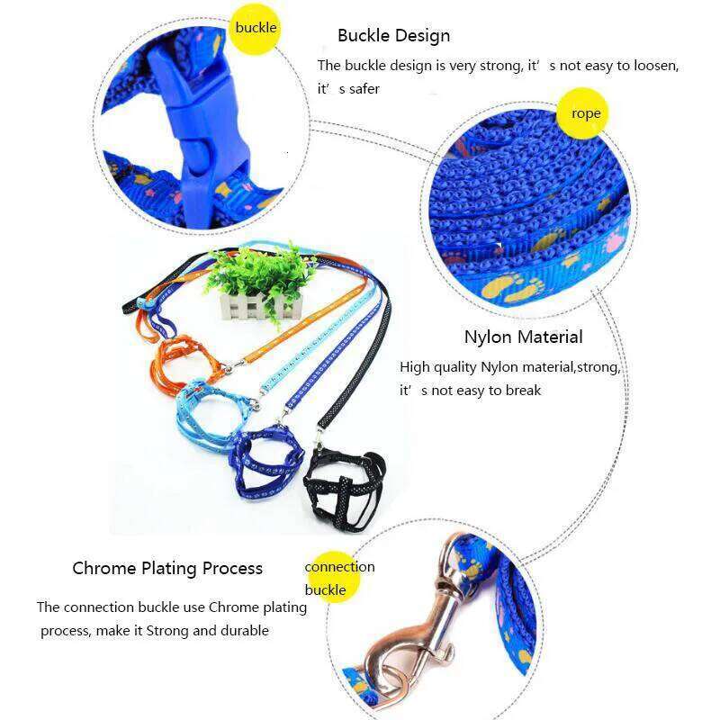 Print Nylon Harness Vest and Set Blue Pink Harnesses Chest Strap Collars For Small Dogs Puppy Outdoor Walking Leash Leads