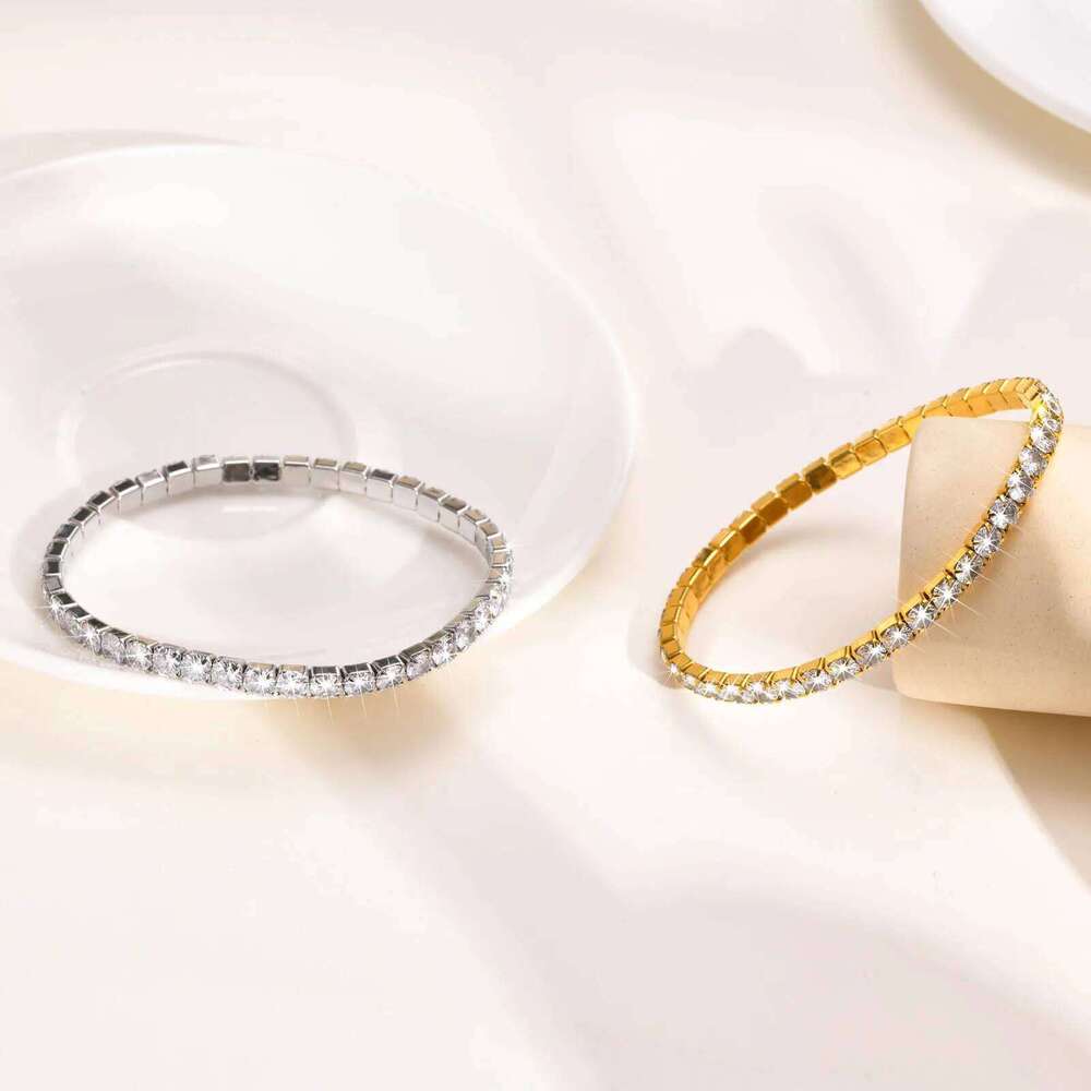 Cubic Zirconia Tennis Bracelet for Women, Elastic Stainless Steel Rose Gold Color Hand Chain, Minimalist Link Wholesale Jewelry Z260225