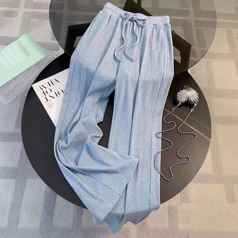 Salt-Style Casual Sports Suit For Women, Spring Trendy, Age-Reducing, Slimming, Blue Hooded Sweatshirt And Wide-Leg Pants Two-Piece Set