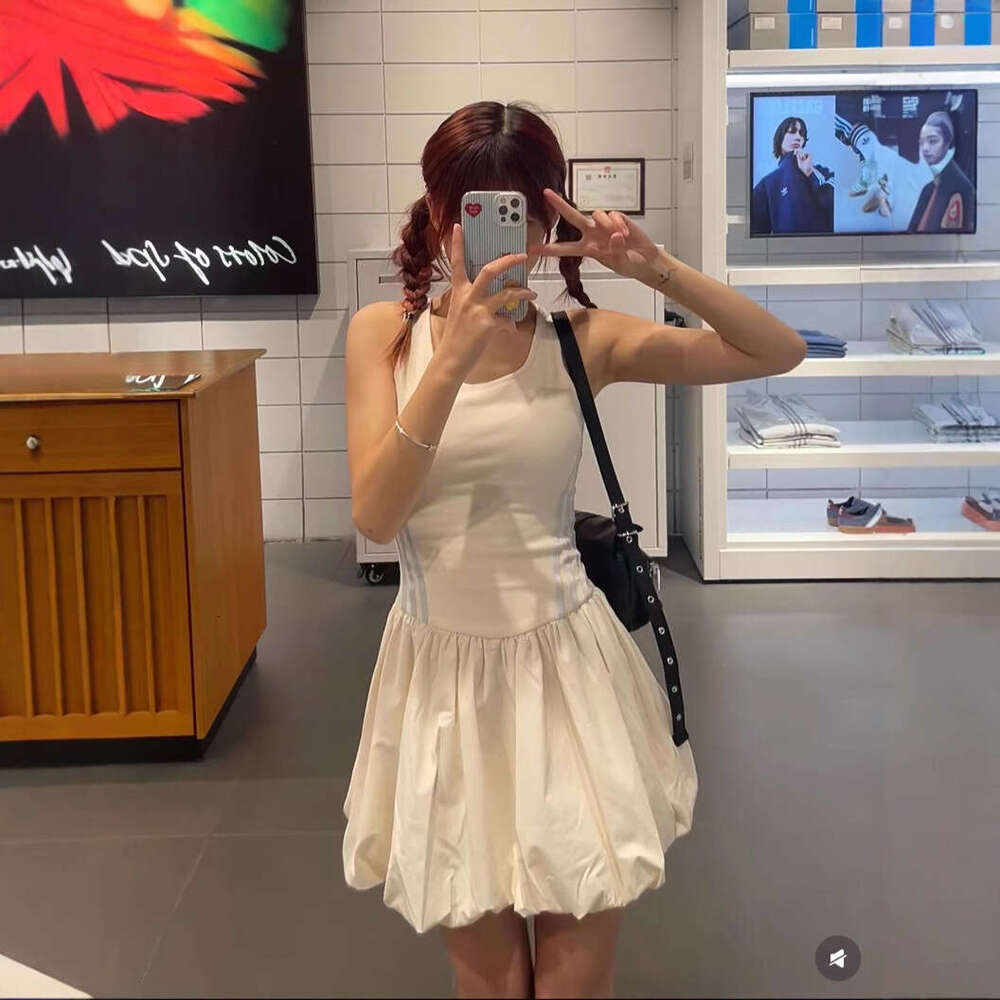 Mardi Hefxessdr High end version Three stripes summer new fashion ballet style color blocking slim fit floral tank dress short skirt Half sleeved loos