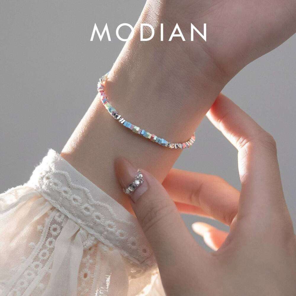 MODIAN 925 Sterling Silver Punk Colorful Square Bracelet Rainbow Color Chain Link Platinum Plated For Women Fine Jewelry Z260225
