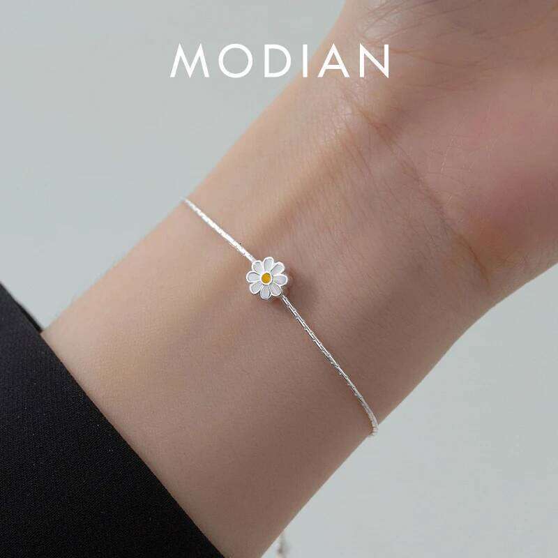 Modian Enamel Daisy Charms Bracelet Real 925 Sterling Silver Link Chain Lucky Adjustable Bracelets For Women Fine Jewelry Z260225