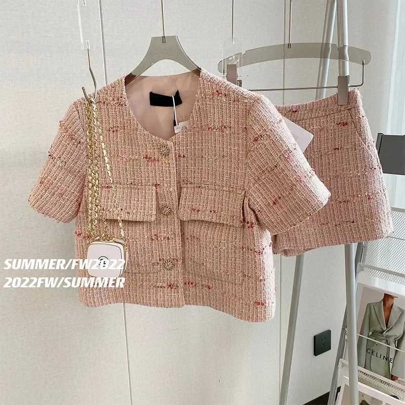 Pink Tweed 2 Piece Set for Women, Crop Jacket & Shorts Matching OutfitT260226