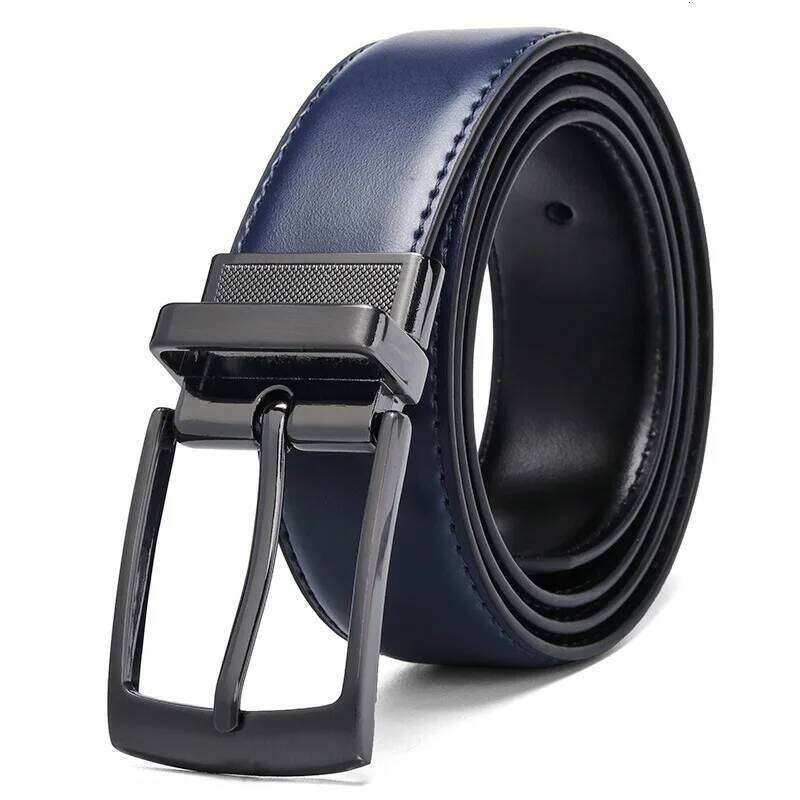 2025 Men Real Cowhide Belt 130cm Long Rotating Pin Buckle Business Casual All match Double sided Leather Luxury Navy Blue Style Y260225