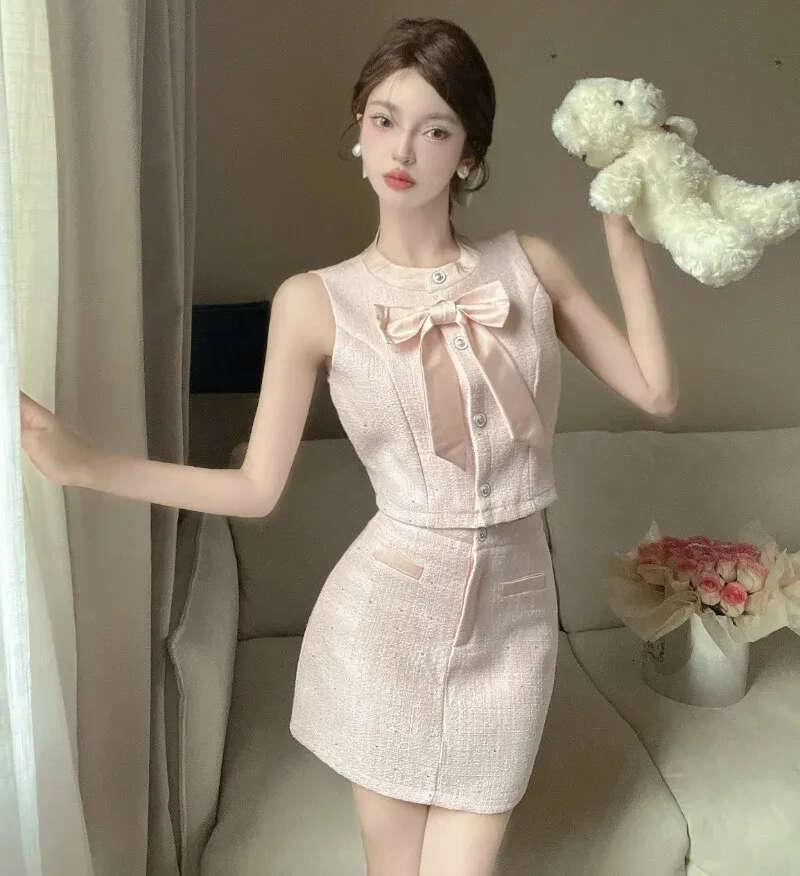 Women's bow celebrity sleeveless top two-piece set spliced single chest ultra-thin sweet summer outfit