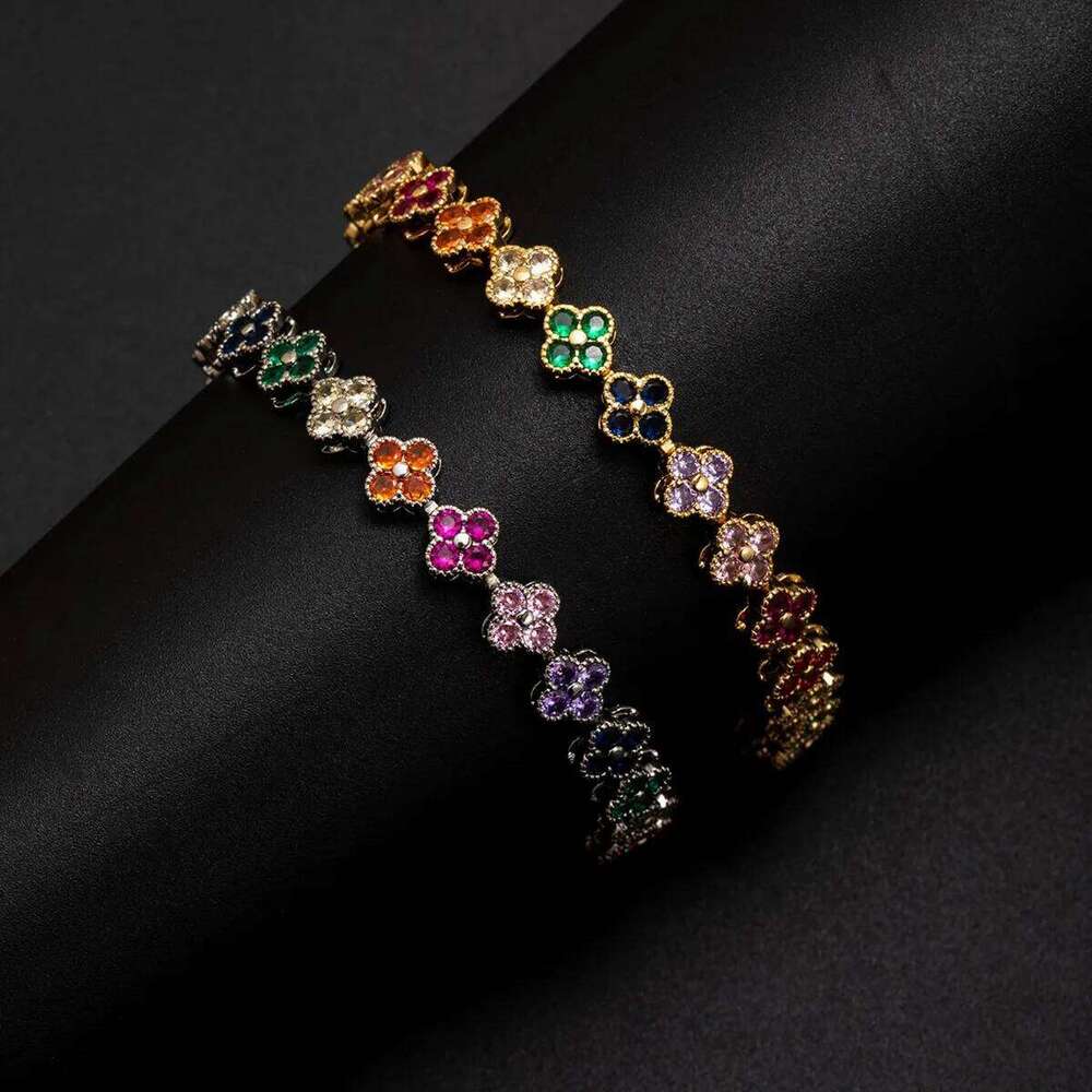 A Colorful Lucky Four-Leaf Flower Bracelet Inlaid With Zircon, Luxurious And High-End Small Fragrance Style, Versatile For Women Z260225