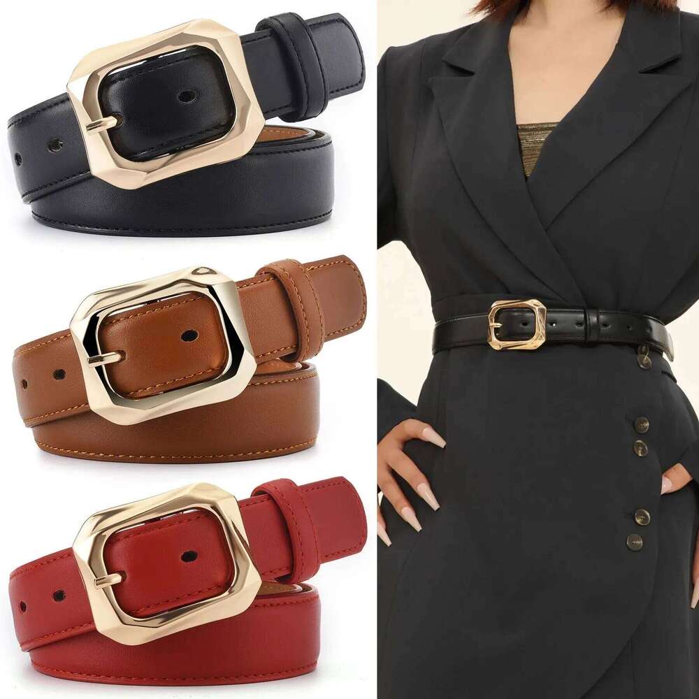 1pc New Women's Fashion Gold Alloy Buckle High Grade Soft PU Leather Trend Paired with Coat Jeans Lady Belt Y260225