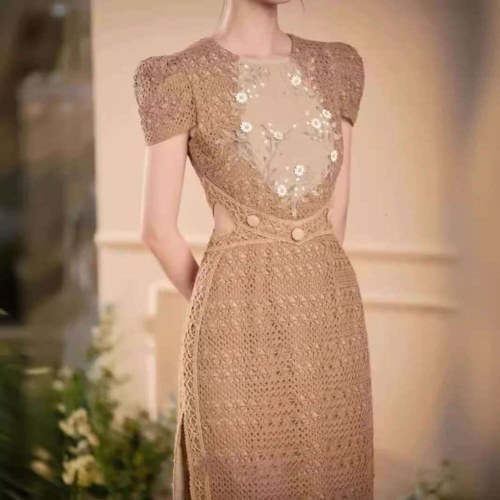 Vietnamese niche design embroidered beaded hand-woven lace trim new Chinese style high-slit cheongsam long dress