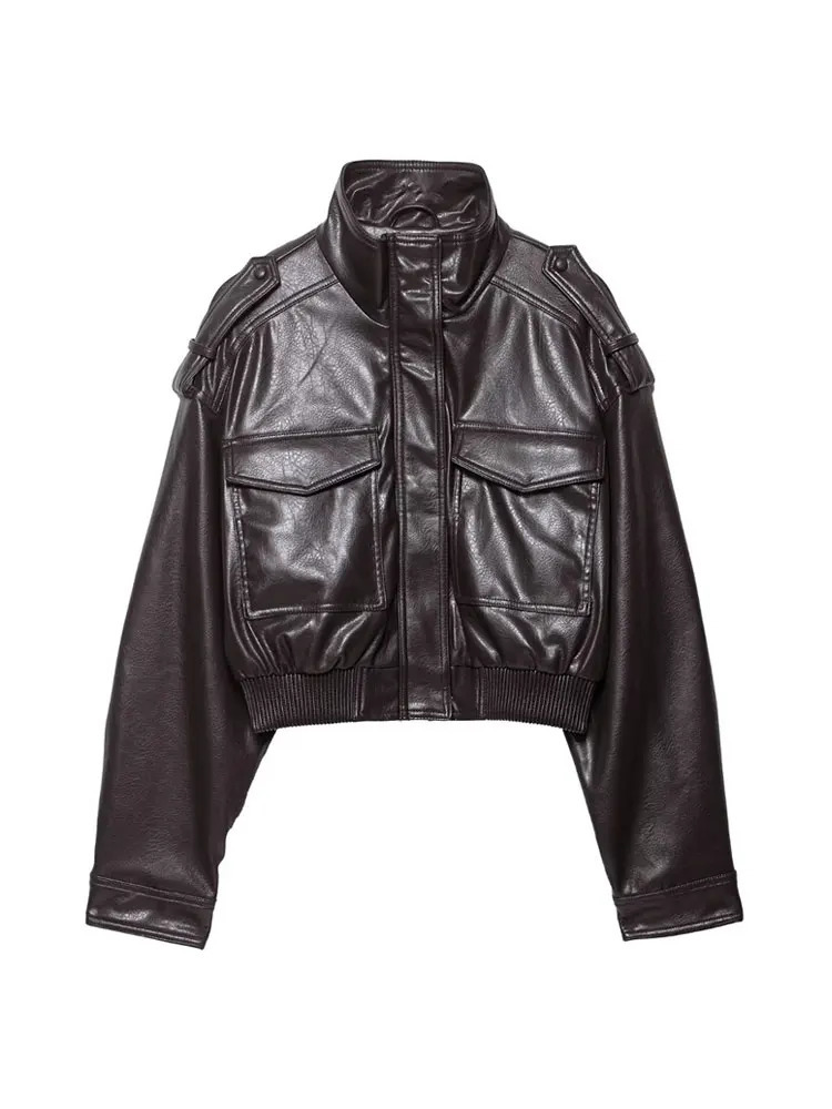 Womens Faux Leather Short Jacket Coat Long Sleeve High Collar Chic Top with Flap Pockets Female Outerwear 260128