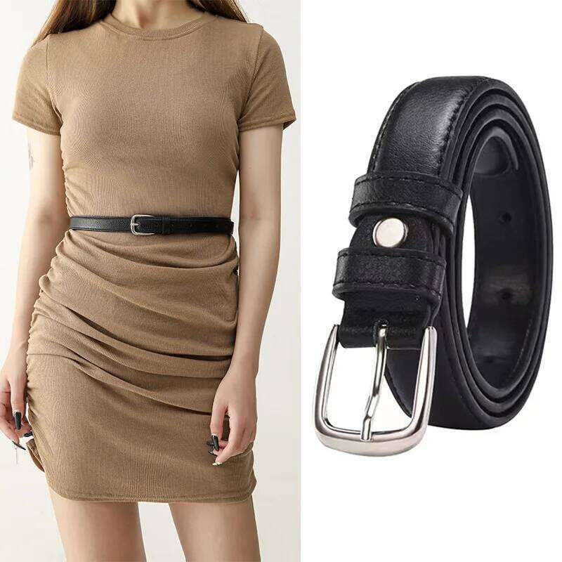 Black Wild Women Jeans Thin Belt Simple Silver Pin Buckle Pants Belts Female PU Leather Waist Strap Youth Students Waistband Y260225