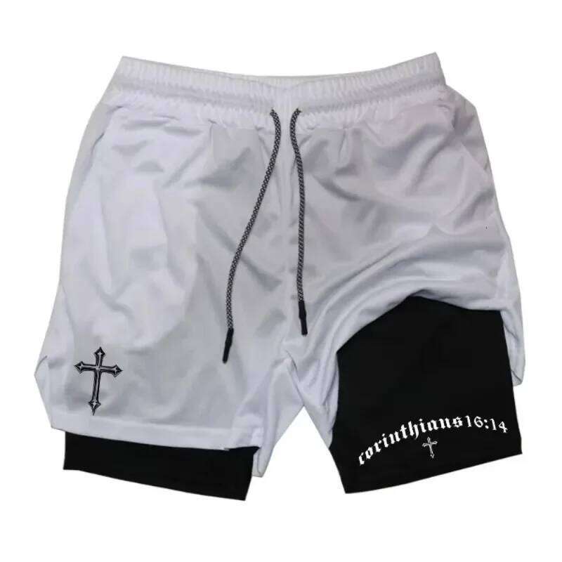 Latest Cross Bible Graphic 2-in-1 Athletic Men Fitness Gym Workout Running Moisture-Wicking Phone Pocket Towel Shorts H260226 - view 4