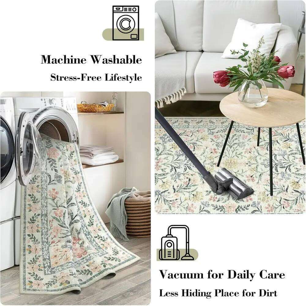 5x7 Washable Floral Area Rug, Soft Boho Style Carpet for Bedroom, Non-Slip Beige Living Room Mat W260226