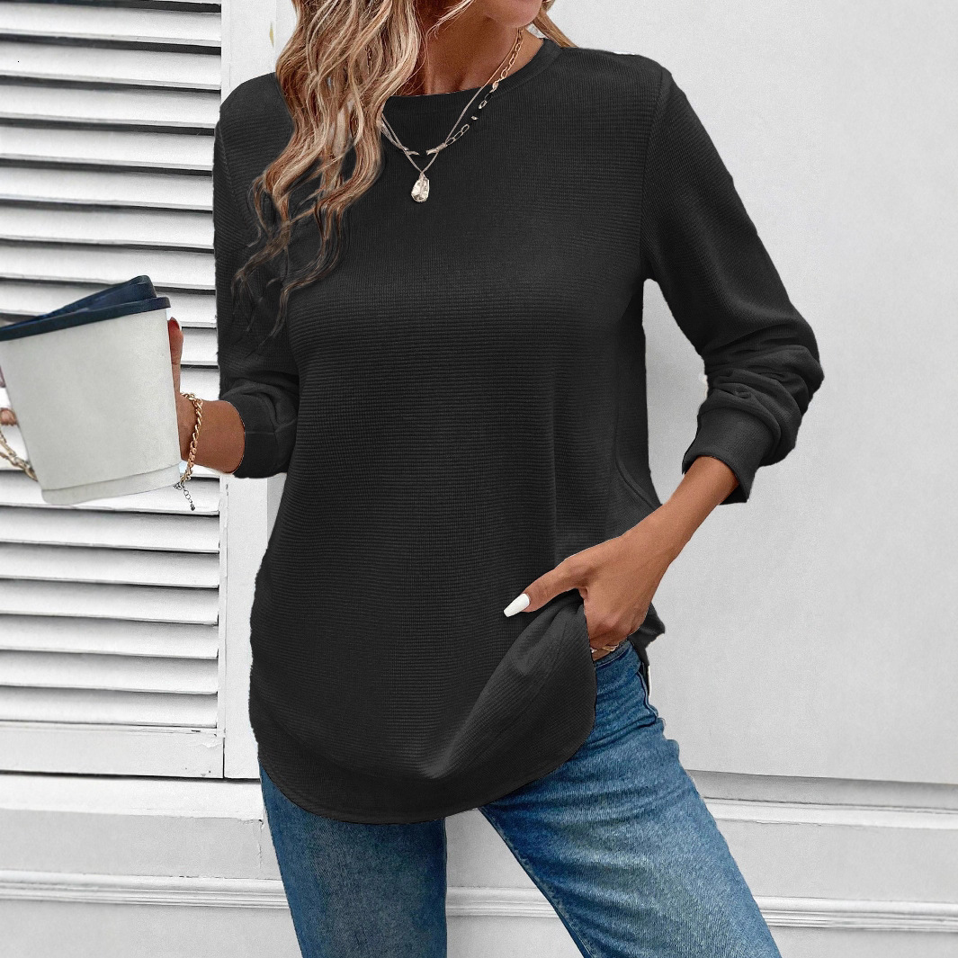 Womens T-Shirt Solid Round Neck Loose Long Sleeve Medium Length Comfy Thumb Hole Shirts Basic Stretch Layer Thumb T-shirt Top 250121